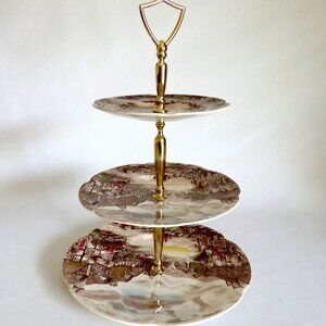 VINTAGE JOHNSON BROS OLDE ENGLISH COUNTRYSIDE 3 TIERED CHINA SERVING TRAY